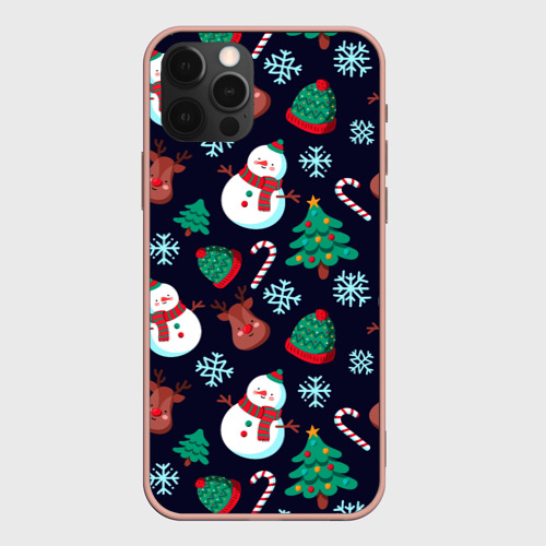 Чехол для iPhone 12 Pro Max с принтом Снеговички с рождественскими оленями и елками, вид спереди #2