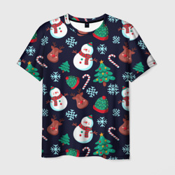 Мужская футболка 3D Снеговички с рождественскими оленями и елками