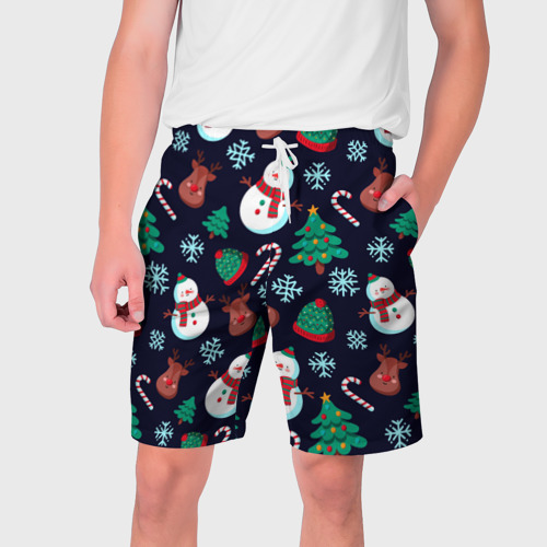 Мужские шорты с принтом Снеговички с рождественскими оленями и елками, вид спереди №1
