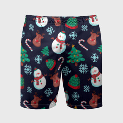 Мужские шорты спортивные Снеговички с рождественскими оленями и елками