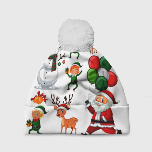 Шапка 3D c помпоном Зимний праздник - деды морозы гномы олени, цвет 3D печать