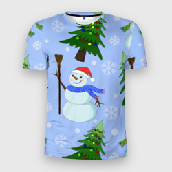 Мужская футболка 3D Slim Снеговики с новогодними елками паттерн