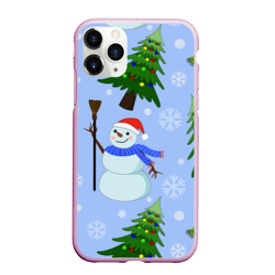 Чехол для iPhone 11 Pro Max матовый Снеговики с новогодними елками паттерн
