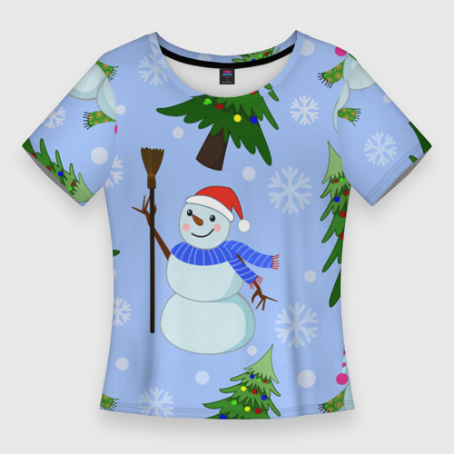 Женская футболка 3D Slim Снеговики с новогодними елками паттерн, цвет 3D печать