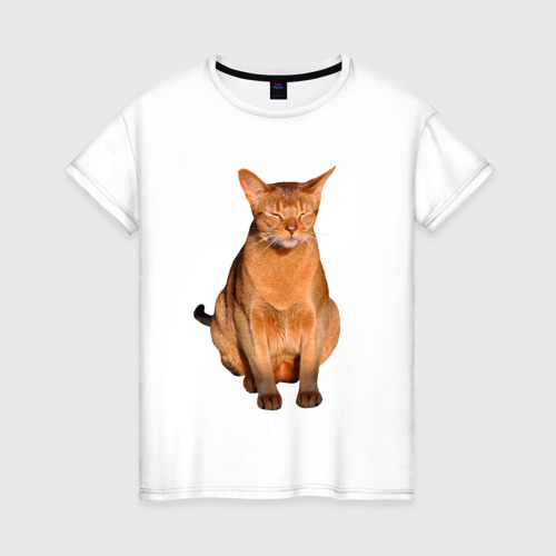 Женская футболка из хлопка с принтом Абиссинский кот хочет спать, вид спереди №1