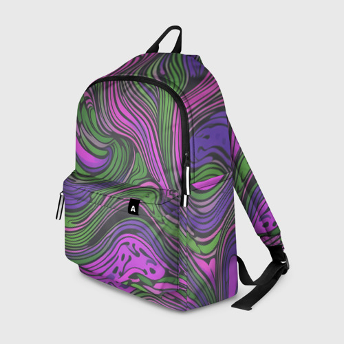 Рюкзак 3D с принтом Волнистый узор фиолетовый и зелёный, вид спереди #2