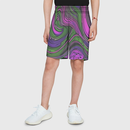 Детские спортивные шорты 3D с принтом Волнистый узор фиолетовый и зелёный, вид сбоку #3