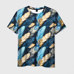 Мужская футболка 3D Перья птиц на темном фоне паттерн