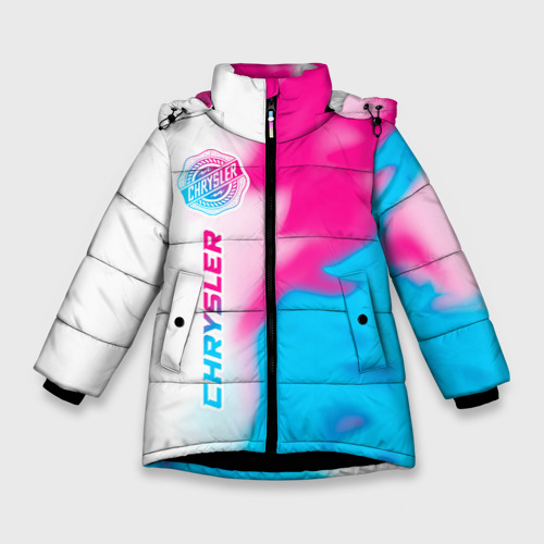 Зимняя куртка для девочек 3D с принтом Chrysler neon gradient style: по-вертикали, вид спереди #2