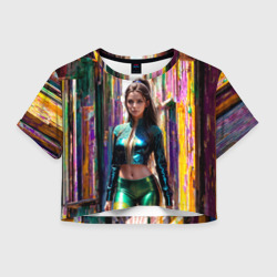 Женская футболка Crop-top 3D Девушка в блестящем топе с длинными рукавами