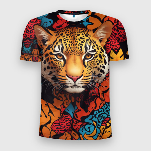 Мужская футболка 3D Slim с принтом Леопард с африканскими узорами, вид спереди #2