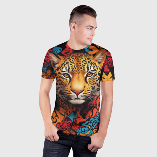 Мужская футболка 3D Slim с принтом Леопард с африканскими узорами, фото на моделе #1
