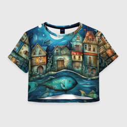 Женская футболка Crop-top 3D Сказочные рыбовы в стиле фолк-арт»