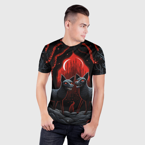 Мужская футболка 3D Slim с принтом Собачки сатанячки фолк-арт, фото на моделе #1