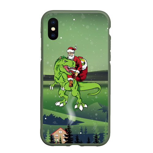 Чехол для iPhone XS Max матовый Санта  на дино, цвет темно-зеленый