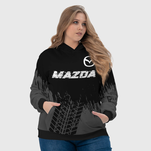 Женская толстовка 3D Mazda speed на темном фоне со следами шин: символ сверху, цвет 3D печать - фото 6