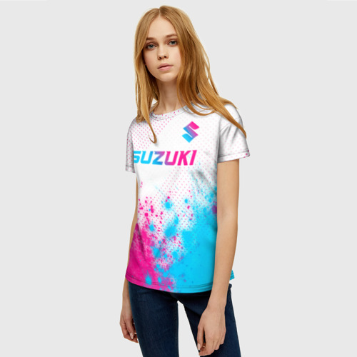 Женская футболка 3D с принтом Suzuki neon gradient style: символ сверху, фото на моделе #1