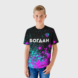 Детская футболка 3D Богдан и неоновый герб России: символ сверху - фото 2
