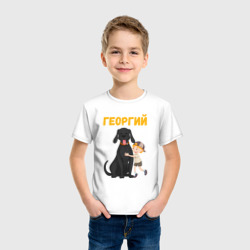 Футболка с принтом Георгий - мальчик с большой собакой для ребенка, вид на модели спереди №2. Цвет основы: белый