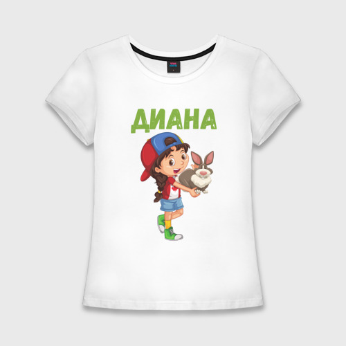 Женская футболка приталенная из хлопка с принтом Диана - девочка с кроликом, вид спереди №1