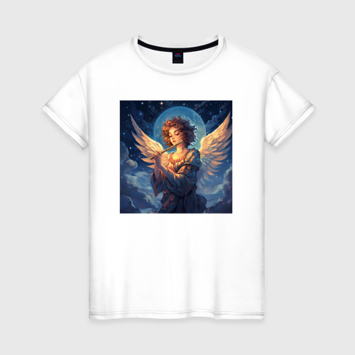 Женская футболка из хлопка с принтом Ангел с флейтой, вид спереди №1