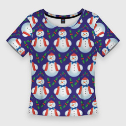 Женская футболка 3D Slim Милые снеговики  - зимний узор