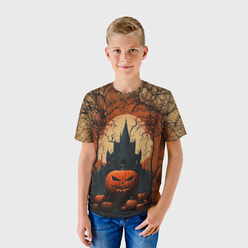 Детская футболка 3D с принтом Хэллоуинская тыква, фото на моделе #1