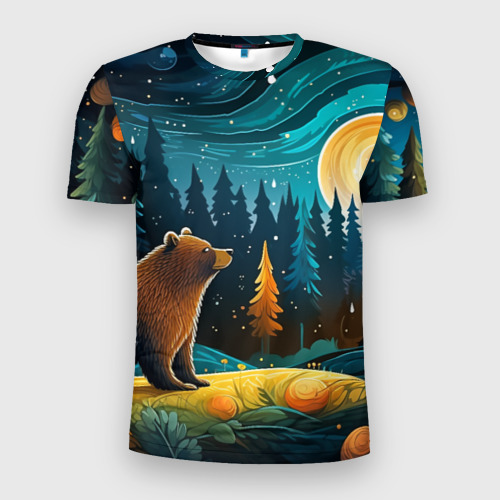 Мужская футболка 3D Slim с принтом Хозяин тайги: медведь в лесу, вид спереди #2