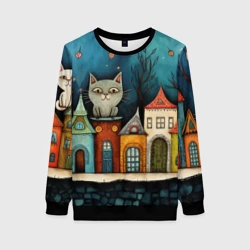 Женский свитшот 3D Домики и котики в стиле фолк-арт