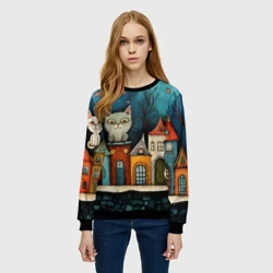 Женский свитшот 3D Домики и котики в стиле фолк-арт - фото 2
