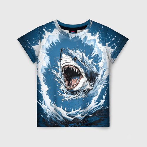Детская футболка 3D с принтом Морда акулы в воде, вид спереди #2