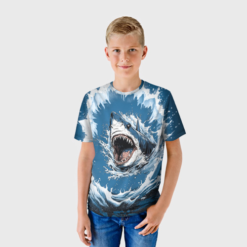 Детская футболка 3D с принтом Морда акулы в воде, фото на моделе #1