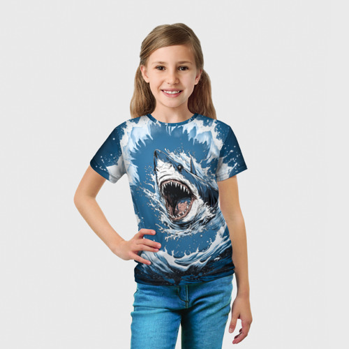 Детская футболка 3D с принтом Морда акулы в воде, вид сбоку #3