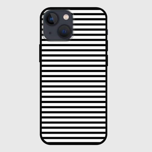 Чехол для iPhone 13 mini с принтом Белый в чёрную полоску, вид спереди #2