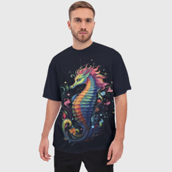 Мужская футболка oversize 3D Морской конек на черном фоне - фото 2