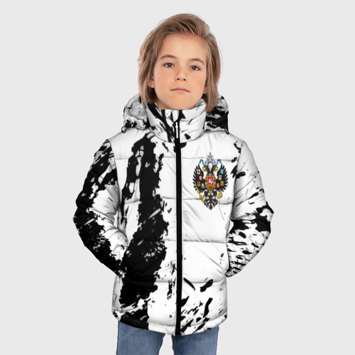 Зимняя куртка для мальчиков 3D с принтом Россия спорт краски герб, фото на моделе #1