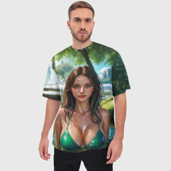 Мужская футболка oversize 3D Девушка мавка в зелёном купальнике - фото 2