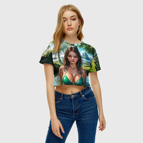 Женская футболка Crop-top 3D Девушка мавка в зелёном купальнике, цвет 3D печать - фото 4