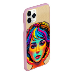 Чехол для iPhone 11 Pro Max матовый Девушка с разноцветными волосами на клетчатом фоне - фото 2