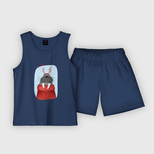Детская пижама с шортами хлопок Счастливый морж, цвет темно-синий