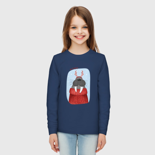 Детский лонгслив хлопок Счастливый морж, цвет темно-синий - фото 5