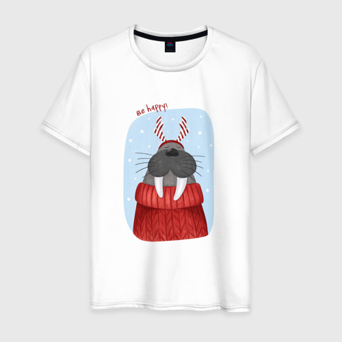Мужская футболка из хлопка с принтом Счастливый морж, вид спереди №1