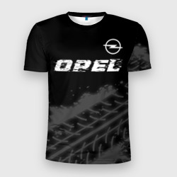 Мужская футболка 3D Slim Opel speed на темном фоне со следами шин: символ сверху