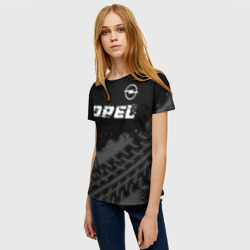 Женская футболка 3D Opel speed на темном фоне со следами шин: символ сверху - фото 2