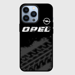 Чехол для iPhone 13 Pro Opel speed на темном фоне со следами шин: символ сверху