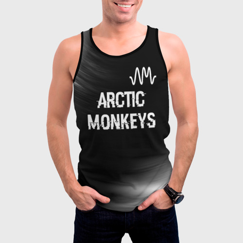 Мужская майка 3D Arctic Monkeys glitch на темном фоне: символ сверху, цвет 3D печать - фото 3