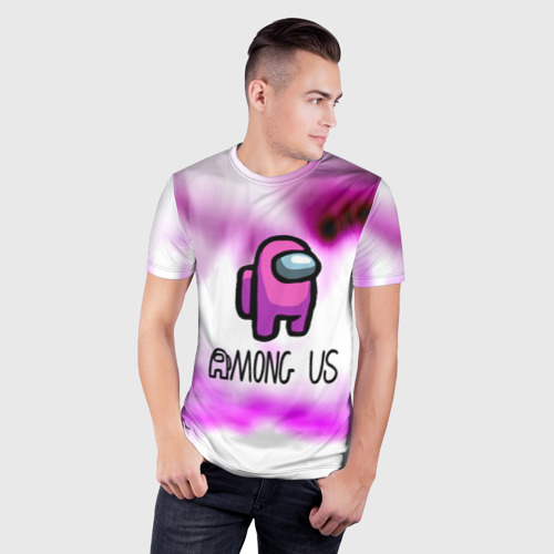 Мужская футболка 3D Slim с принтом Among us game pink, фото на моделе #1