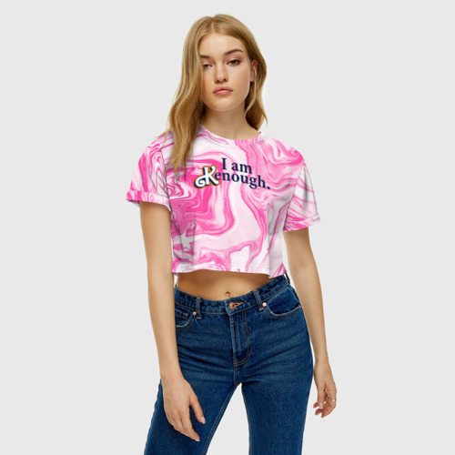 Женская футболка Crop-top 3D I am kenough - розовые разводы краски, цвет 3D печать - фото 3