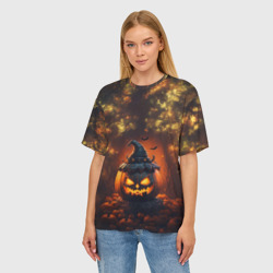 Женская футболка oversize 3D Хэллоуинская тыква в шляпе  - фото 2