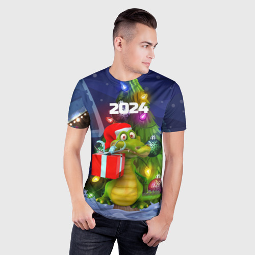Мужская футболка 3D Slim Дракон с подарком у елки, цвет 3D печать - фото 3
